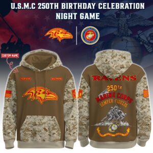 Baltimore Ravens x 250th Birthday US Marine Corps U.S.M.C Personalized Custom Unisex Hoodie
